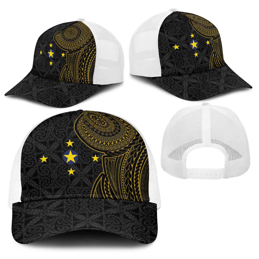 Niue Polynesian Hiapo Tattoo Art Baseball Net Cap Half Style Black Gold Color - Polynesian Pride
