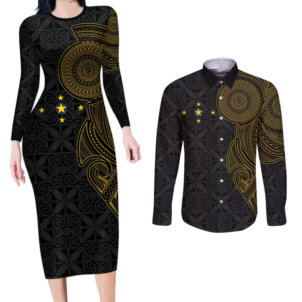 Niue Polynesian Hiapo Tattoo Art Couples Matching Long Sleeve Bodycon Dress and Long Sleeve Button Shirt Half Style Black Gold Color LT03 Black - Polynesian Pride
