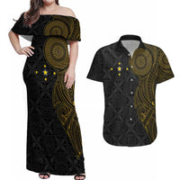 Niue Polynesian Hiapo Tattoo Art Couples Matching Off Shoulder Maxi Dress and Hawaiian Shirt Half Style Black Gold Color LT03 Black - Polynesian Pride