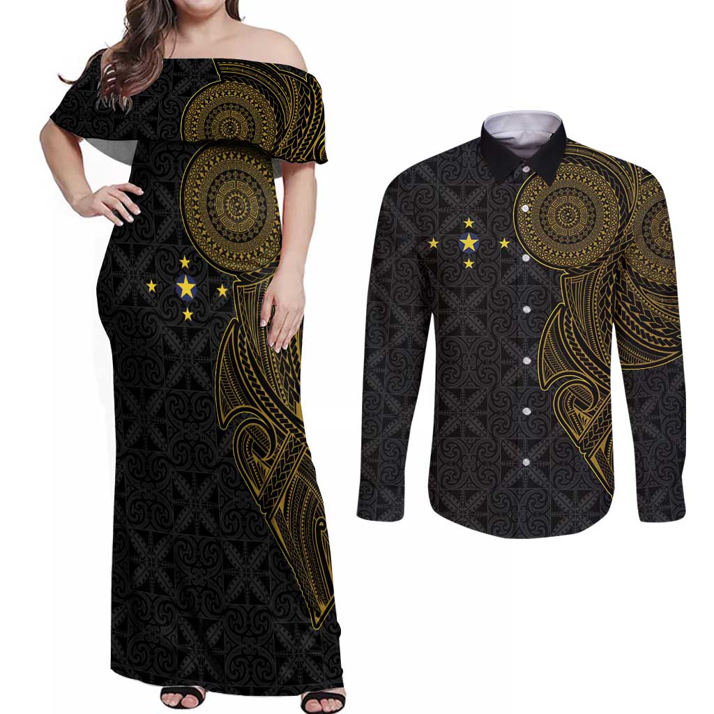 Niue Polynesian Hiapo Tattoo Art Couples Matching Off Shoulder Maxi Dress and Long Sleeve Button Shirt Half Style Black Gold Color LT03 Black - Polynesian Pride