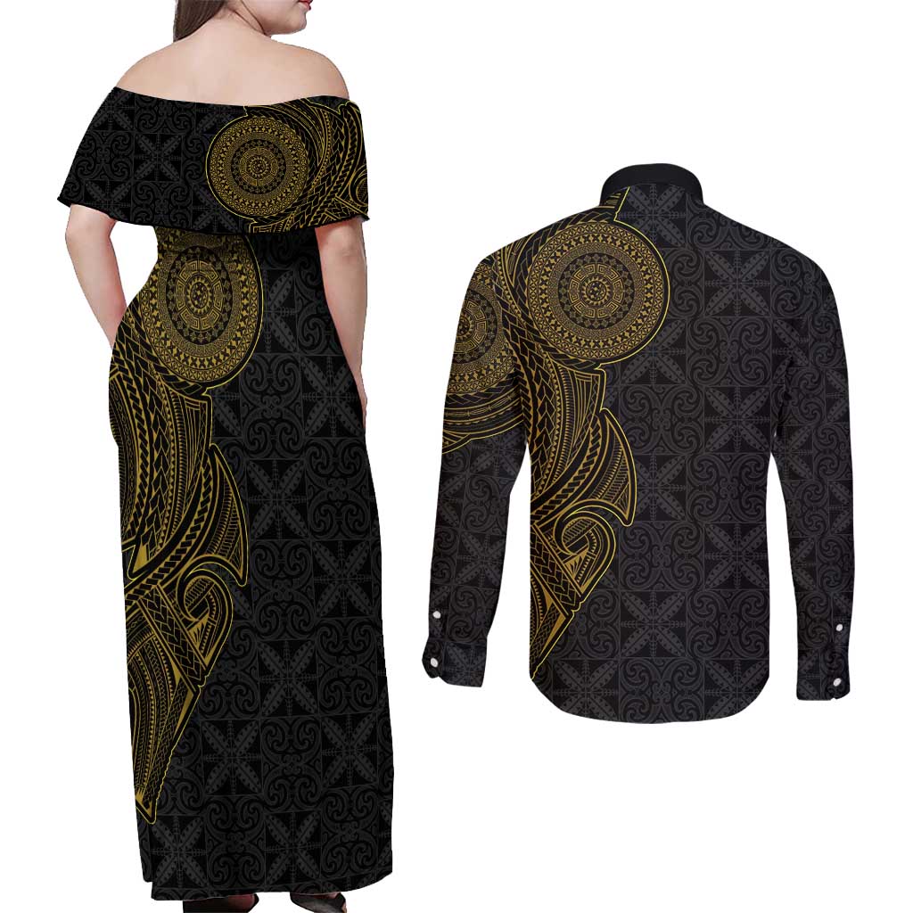 Niue Polynesian Hiapo Tattoo Art Couples Matching Off Shoulder Maxi Dress and Long Sleeve Button Shirt Half Style Black Gold Color LT03 - Polynesian Pride