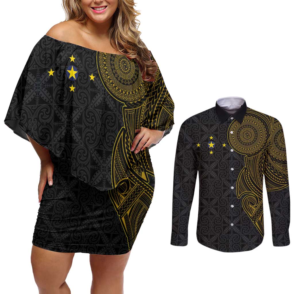 Niue Polynesian Hiapo Tattoo Art Couples Matching Off Shoulder Short Dress and Long Sleeve Button Shirt Half Style Black Gold Color LT03 Black - Polynesian Pride