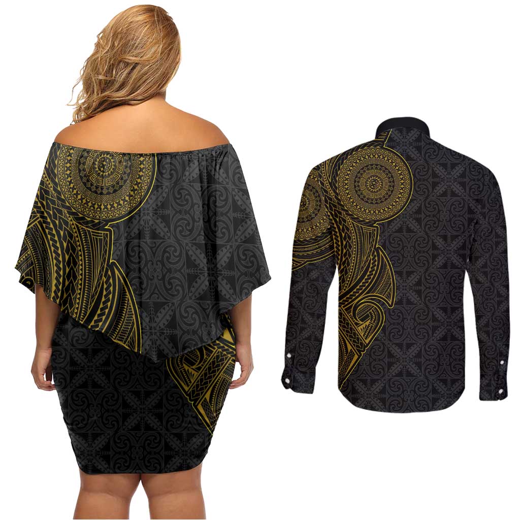 Niue Polynesian Hiapo Tattoo Art Couples Matching Off Shoulder Short Dress and Long Sleeve Button Shirt Half Style Black Gold Color LT03 - Polynesian Pride