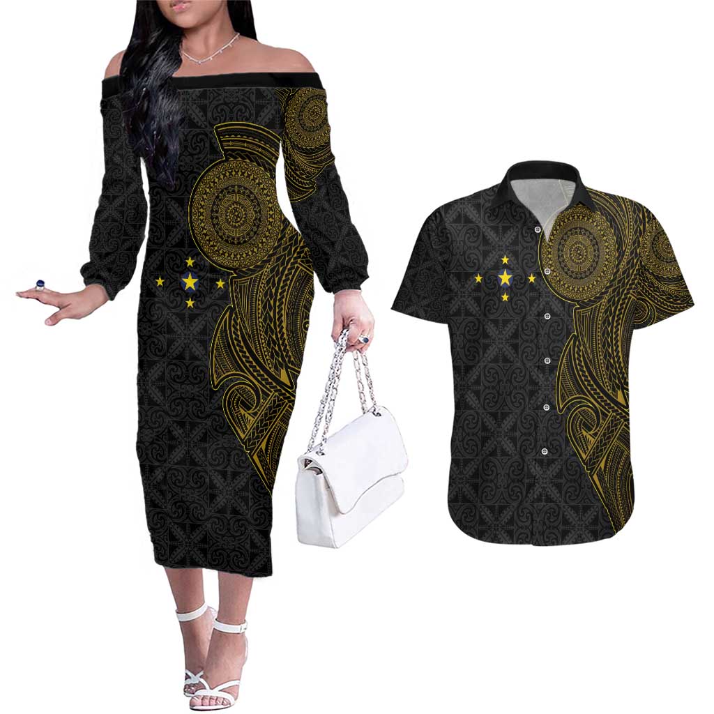 Niue Polynesian Hiapo Tattoo Art Couples Matching Off The Shoulder Long Sleeve Dress and Hawaiian Shirt Half Style Black Gold Color LT03 Black - Polynesian Pride