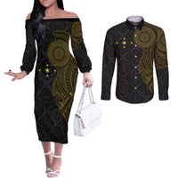 Niue Polynesian Hiapo Tattoo Art Couples Matching Off The Shoulder Long Sleeve Dress and Long Sleeve Button Shirt Half Style Black Gold Color LT03 Black - Polynesian Pride