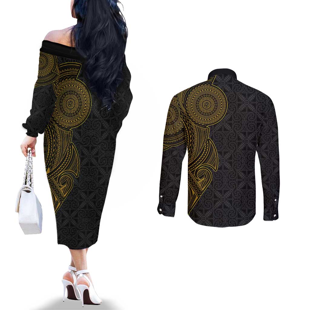 Niue Polynesian Hiapo Tattoo Art Couples Matching Off The Shoulder Long Sleeve Dress and Long Sleeve Button Shirt Half Style Black Gold Color LT03 - Polynesian Pride