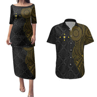 Niue Polynesian Hiapo Tattoo Art Couples Matching Puletasi and Hawaiian Shirt Half Style Black Gold Color LT03 Black - Polynesian Pride