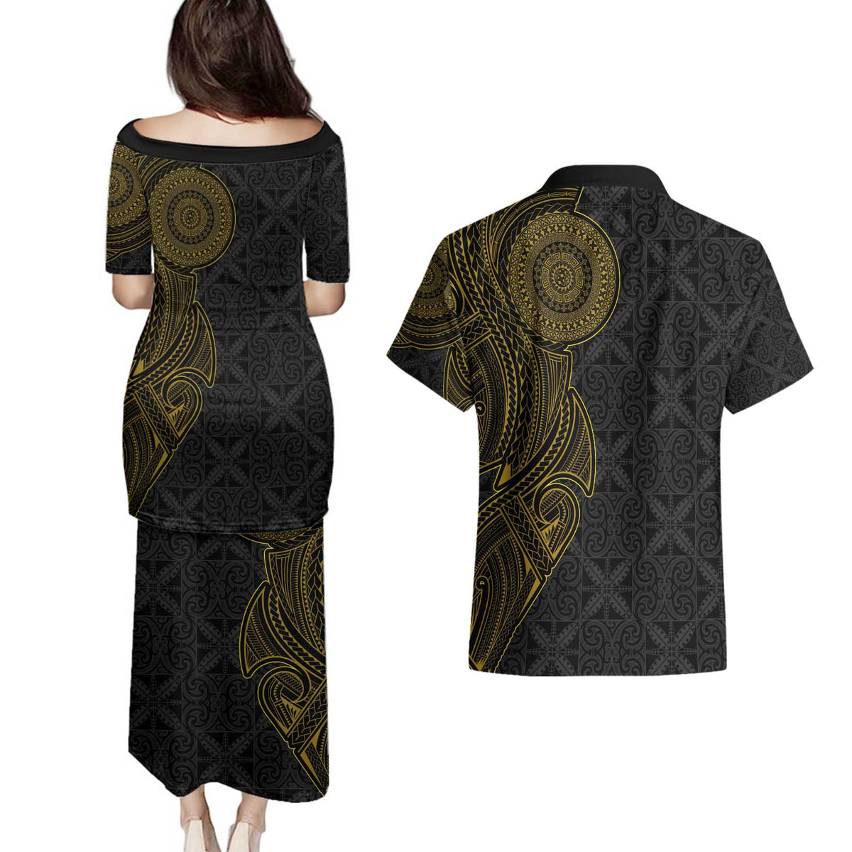 Niue Polynesian Hiapo Tattoo Art Couples Matching Puletasi and Hawaiian Shirt Half Style Black Gold Color LT03 - Polynesian Pride