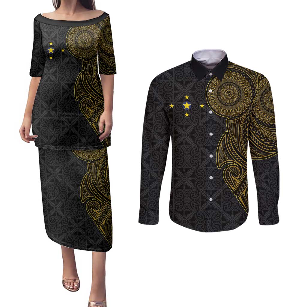 Niue Polynesian Hiapo Tattoo Art Couples Matching Puletasi and Long Sleeve Button Shirt Half Style Black Gold Color LT03 Black - Polynesian Pride