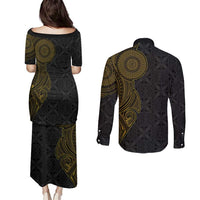 Niue Polynesian Hiapo Tattoo Art Couples Matching Puletasi and Long Sleeve Button Shirt Half Style Black Gold Color LT03 - Polynesian Pride