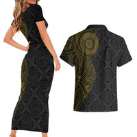 Niue Polynesian Hiapo Tattoo Art Couples Matching Short Sleeve Bodycon Dress and Hawaiian Shirt Half Style Black Gold Color LT03 - Polynesian Pride