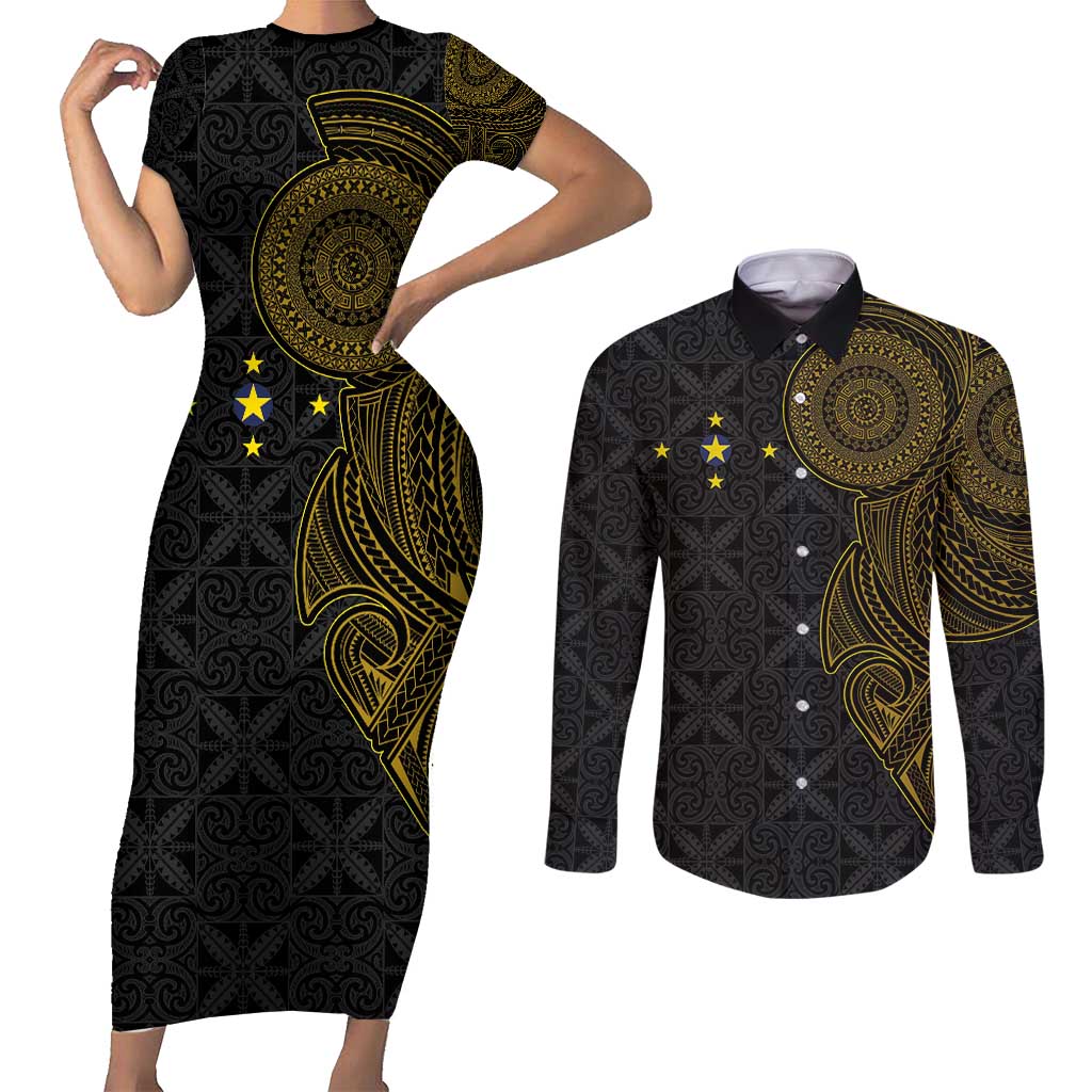 Niue Polynesian Hiapo Tattoo Art Couples Matching Short Sleeve Bodycon Dress and Long Sleeve Button Shirt Half Style Black Gold Color LT03 Black - Polynesian Pride