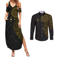Niue Polynesian Hiapo Tattoo Art Couples Matching Summer Maxi Dress and Long Sleeve Button Shirt Half Style Black Gold Color LT03 Black - Polynesian Pride