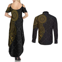 Niue Polynesian Hiapo Tattoo Art Couples Matching Summer Maxi Dress and Long Sleeve Button Shirt Half Style Black Gold Color LT03 - Polynesian Pride