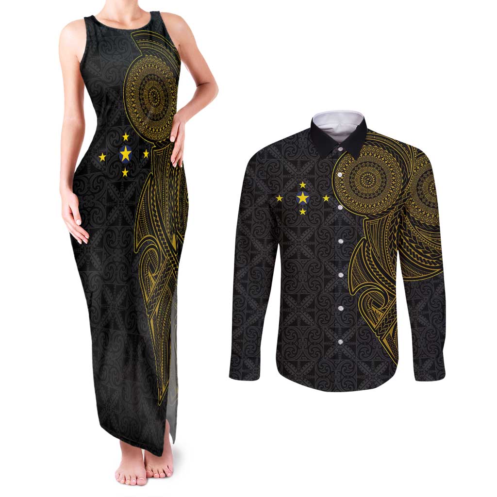 Niue Polynesian Hiapo Tattoo Art Couples Matching Tank Maxi Dress and Long Sleeve Button Shirt Half Style Black Gold Color LT03 Black - Polynesian Pride