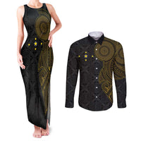 Niue Polynesian Hiapo Tattoo Art Couples Matching Tank Maxi Dress and Long Sleeve Button Shirt Half Style Black Gold Color LT03 Black - Polynesian Pride