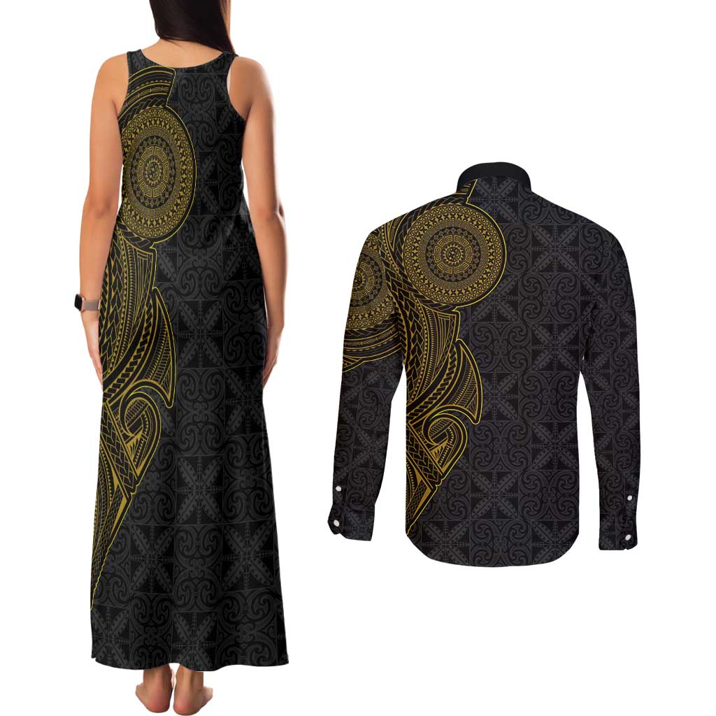 Niue Polynesian Hiapo Tattoo Art Couples Matching Tank Maxi Dress and Long Sleeve Button Shirt Half Style Black Gold Color LT03 - Polynesian Pride