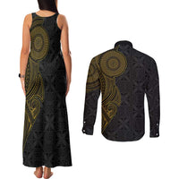 Niue Polynesian Hiapo Tattoo Art Couples Matching Tank Maxi Dress and Long Sleeve Button Shirt Half Style Black Gold Color LT03 - Polynesian Pride