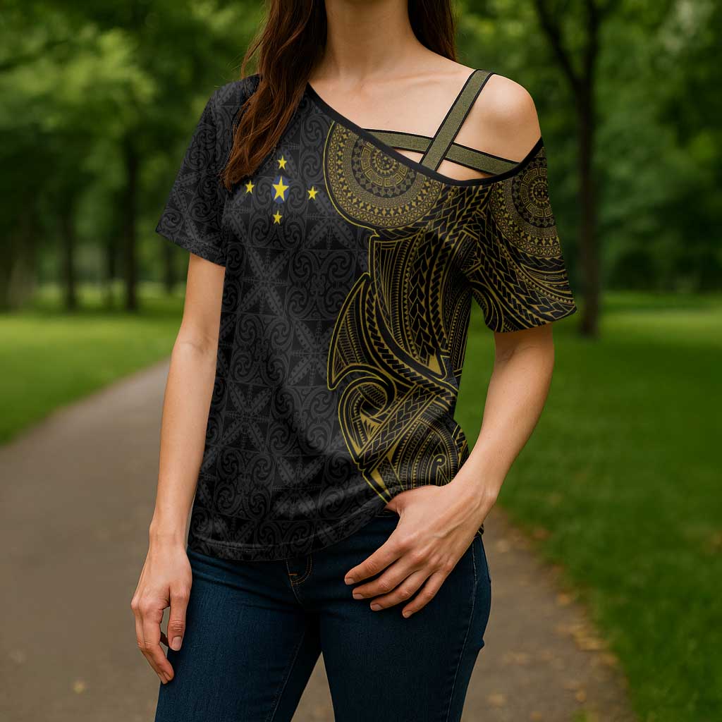 Niue Polynesian Hiapo Tattoo Art Cross Shoulder Shirt Half Style Black Gold Color - Polynesian Pride
