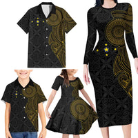 Niue Polynesian Hiapo Tattoo Art Family Matching Long Sleeve Bodycon Dress and Hawaiian Shirt Half Style Black Gold Color LT03 - Polynesian Pride
