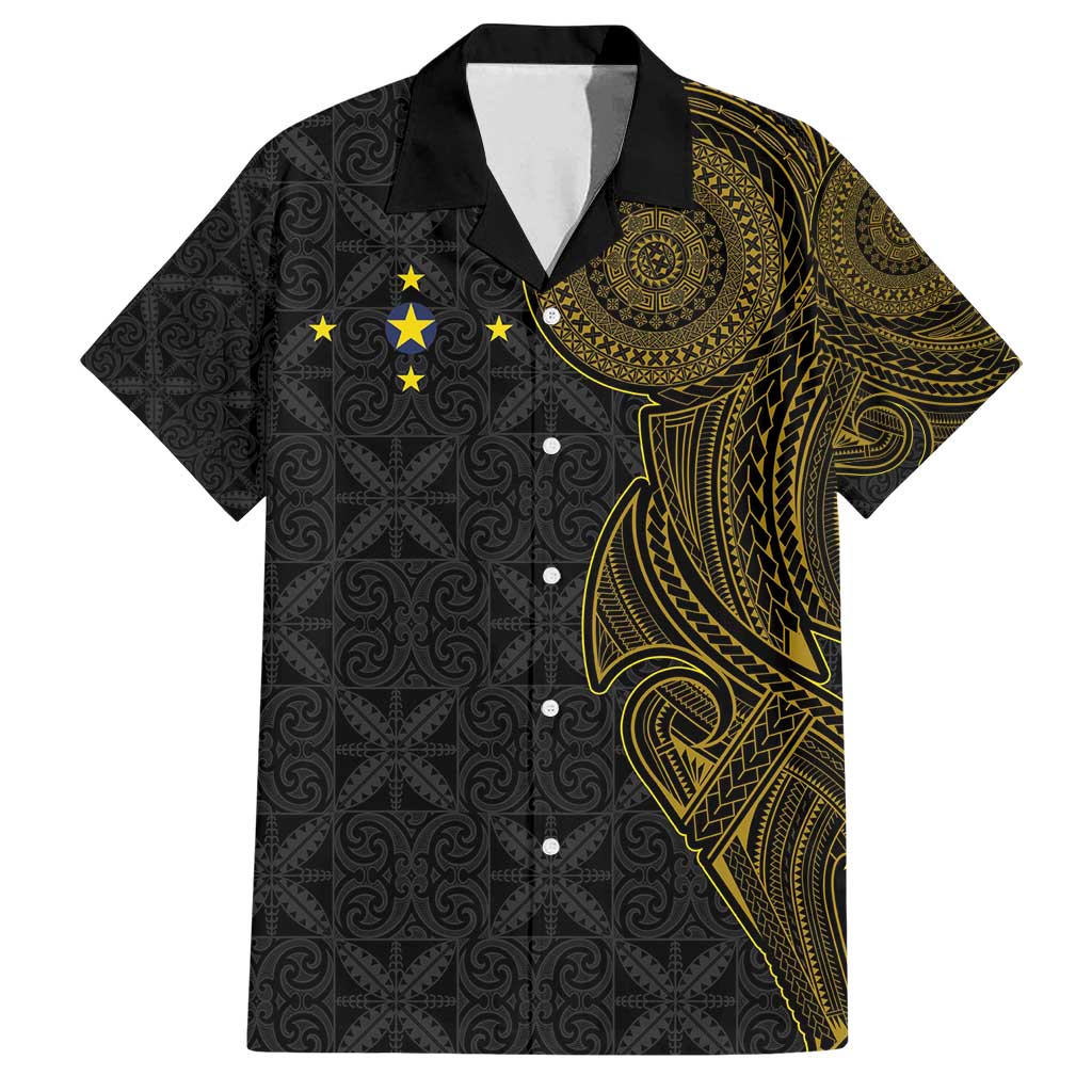 Niue Polynesian Hiapo Tattoo Art Family Matching Long Sleeve Bodycon Dress and Hawaiian Shirt Half Style Black Gold Color LT03 Dad's Shirt - Short Sleeve Black - Polynesian Pride