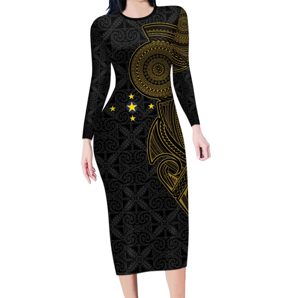 Niue Polynesian Hiapo Tattoo Art Family Matching Long Sleeve Bodycon Dress and Hawaiian Shirt Half Style Black Gold Color LT03 Mom's Dress Black - Polynesian Pride