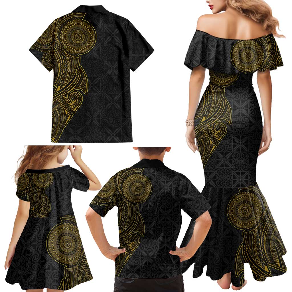 Niue Polynesian Hiapo Tattoo Art Family Matching Mermaid Dress and Hawaiian Shirt Half Style Black Gold Color LT03 - Polynesian Pride