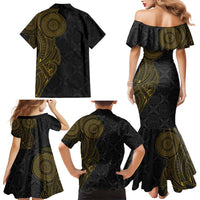 Niue Polynesian Hiapo Tattoo Art Family Matching Mermaid Dress and Hawaiian Shirt Half Style Black Gold Color LT03 - Polynesian Pride
