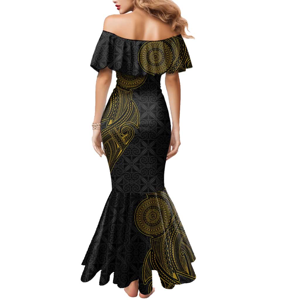 Niue Polynesian Hiapo Tattoo Art Family Matching Mermaid Dress and Hawaiian Shirt Half Style Black Gold Color LT03 - Polynesian Pride