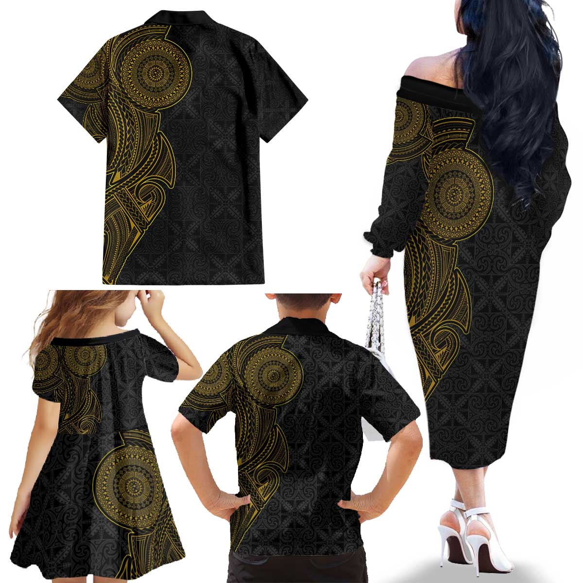 Niue Polynesian Hiapo Tattoo Art Family Matching Off The Shoulder Long Sleeve Dress and Hawaiian Shirt Half Style Black Gold Color LT03 - Polynesian Pride