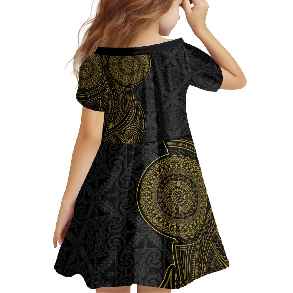 Niue Polynesian Hiapo Tattoo Art Family Matching Off Shoulder Maxi Dress and Hawaiian Shirt Half Style Black Gold Color LT03 - Polynesian Pride