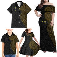 Niue Polynesian Hiapo Tattoo Art Family Matching Off Shoulder Maxi Dress and Hawaiian Shirt Half Style Black Gold Color LT03 - Polynesian Pride