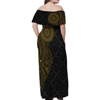 Niue Polynesian Hiapo Tattoo Art Family Matching Off Shoulder Maxi Dress and Hawaiian Shirt Half Style Black Gold Color LT03 - Polynesian Pride