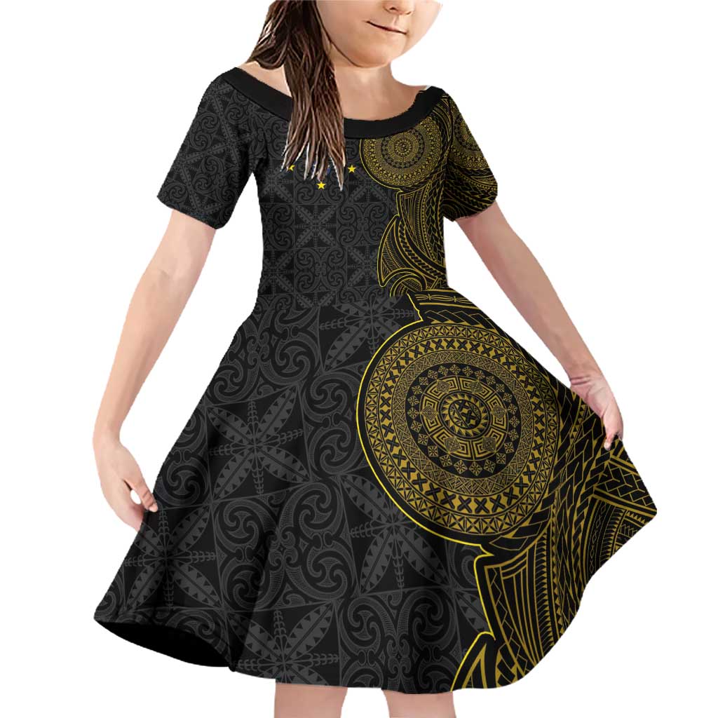 Niue Polynesian Hiapo Tattoo Art Family Matching Off Shoulder Short Dress and Hawaiian Shirt Half Style Black Gold Color LT03 Daughter's Dress Black - Polynesian Pride