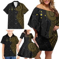 Niue Polynesian Hiapo Tattoo Art Family Matching Off Shoulder Short Dress and Hawaiian Shirt Half Style Black Gold Color LT03 - Polynesian Pride