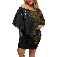 Niue Polynesian Hiapo Tattoo Art Family Matching Off Shoulder Short Dress and Hawaiian Shirt Half Style Black Gold Color LT03 Mom's Dress Black - Polynesian Pride
