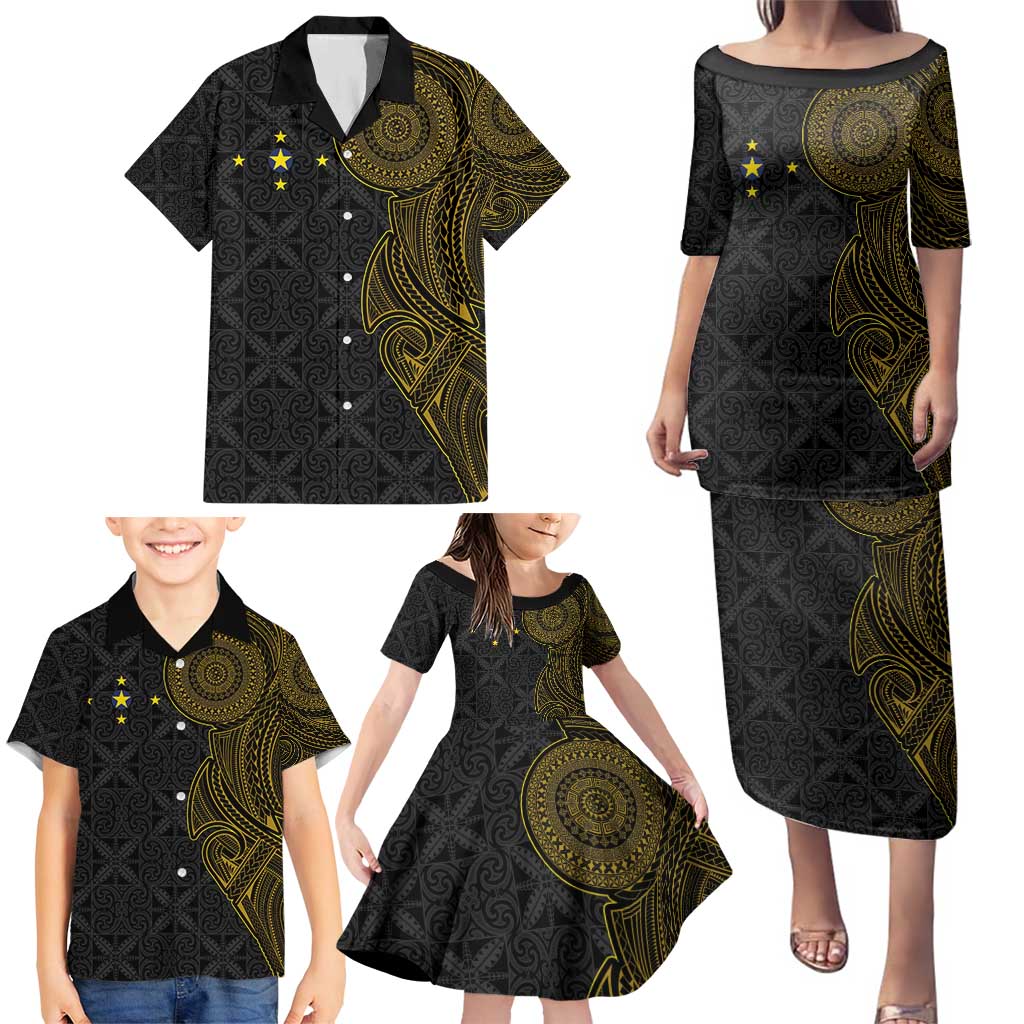 Niue Polynesian Hiapo Tattoo Art Family Matching Puletasi and Hawaiian Shirt Half Style Black Gold Color LT03 - Polynesian Pride