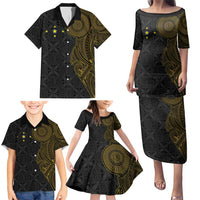 Niue Polynesian Hiapo Tattoo Art Family Matching Puletasi and Hawaiian Shirt Half Style Black Gold Color LT03 - Polynesian Pride