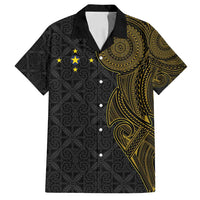 Niue Polynesian Hiapo Tattoo Art Family Matching Puletasi and Hawaiian Shirt Half Style Black Gold Color LT03 Dad's Shirt - Short Sleeve Black - Polynesian Pride