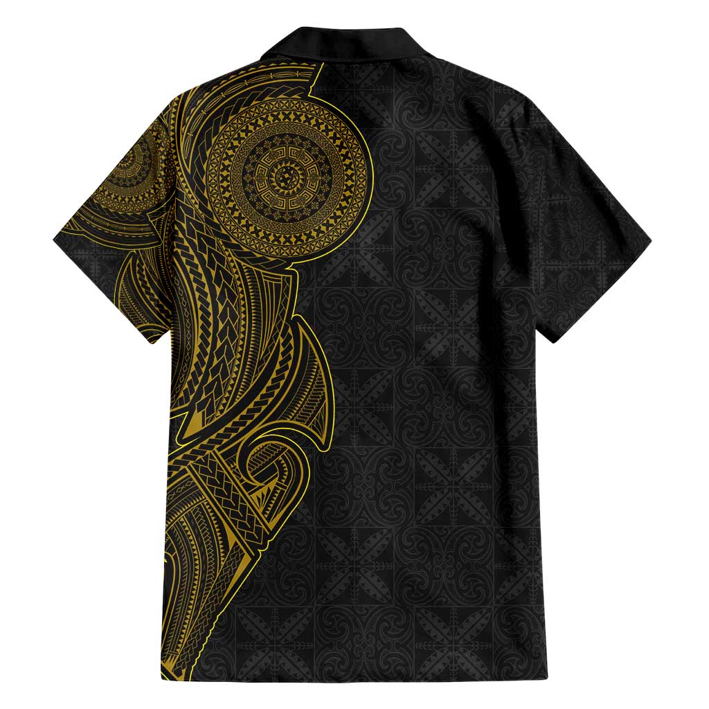 Niue Polynesian Hiapo Tattoo Art Family Matching Short Sleeve Bodycon Dress and Hawaiian Shirt Half Style Black Gold Color LT03 - Polynesian Pride