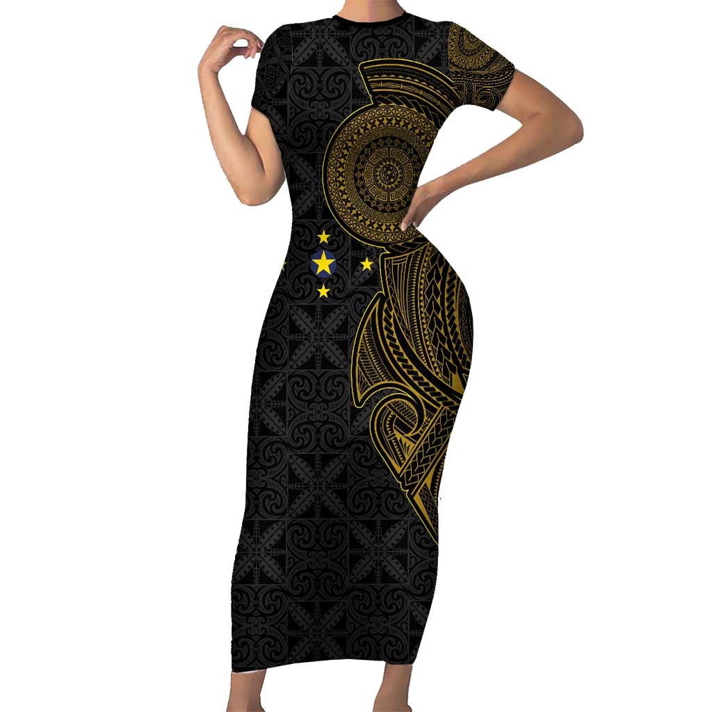 Niue Polynesian Hiapo Tattoo Art Family Matching Short Sleeve Bodycon Dress and Hawaiian Shirt Half Style Black Gold Color LT03 Mom's Dress Black - Polynesian Pride