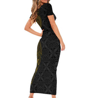 Niue Polynesian Hiapo Tattoo Art Family Matching Short Sleeve Bodycon Dress and Hawaiian Shirt Half Style Black Gold Color LT03 - Polynesian Pride