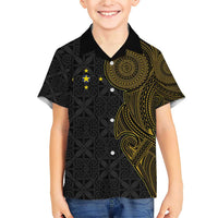Niue Polynesian Hiapo Tattoo Art Family Matching Short Sleeve Bodycon Dress and Hawaiian Shirt Half Style Black Gold Color LT03 Son's Shirt Black - Polynesian Pride