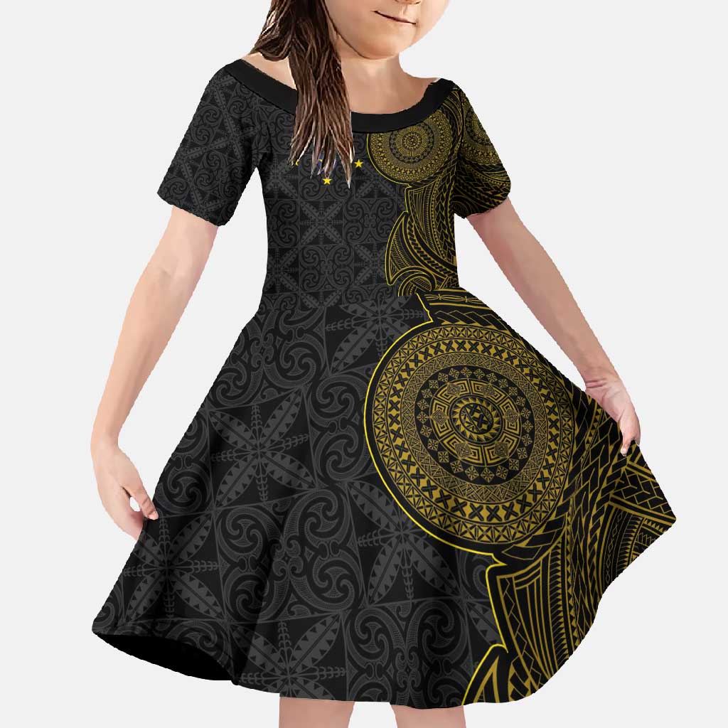 Niue Polynesian Hiapo Tattoo Art Family Matching Summer Maxi Dress and Hawaiian Shirt Half Style Black Gold Color LT03 Daughter's Dress Black - Polynesian Pride