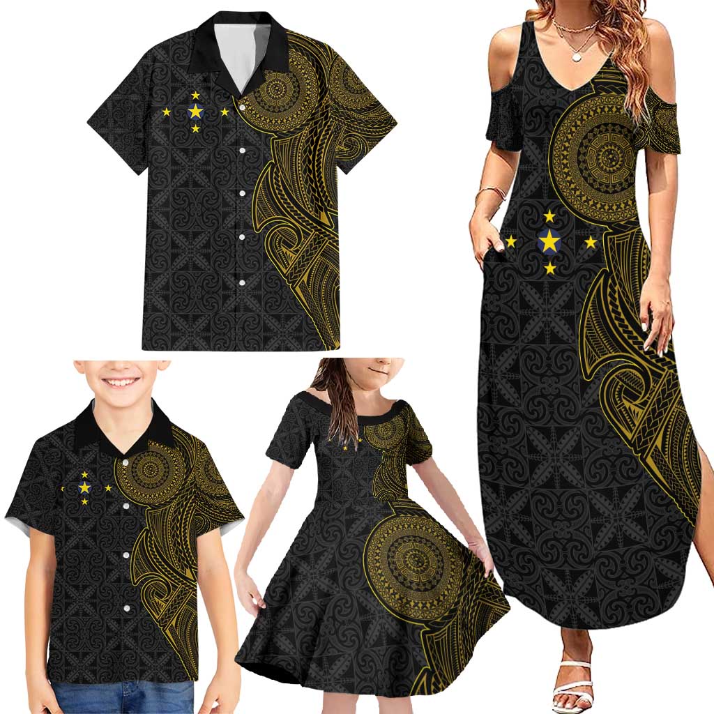 Niue Polynesian Hiapo Tattoo Art Family Matching Summer Maxi Dress and Hawaiian Shirt Half Style Black Gold Color LT03 - Polynesian Pride