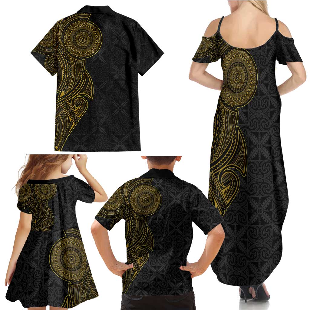 Niue Polynesian Hiapo Tattoo Art Family Matching Summer Maxi Dress and Hawaiian Shirt Half Style Black Gold Color LT03 - Polynesian Pride