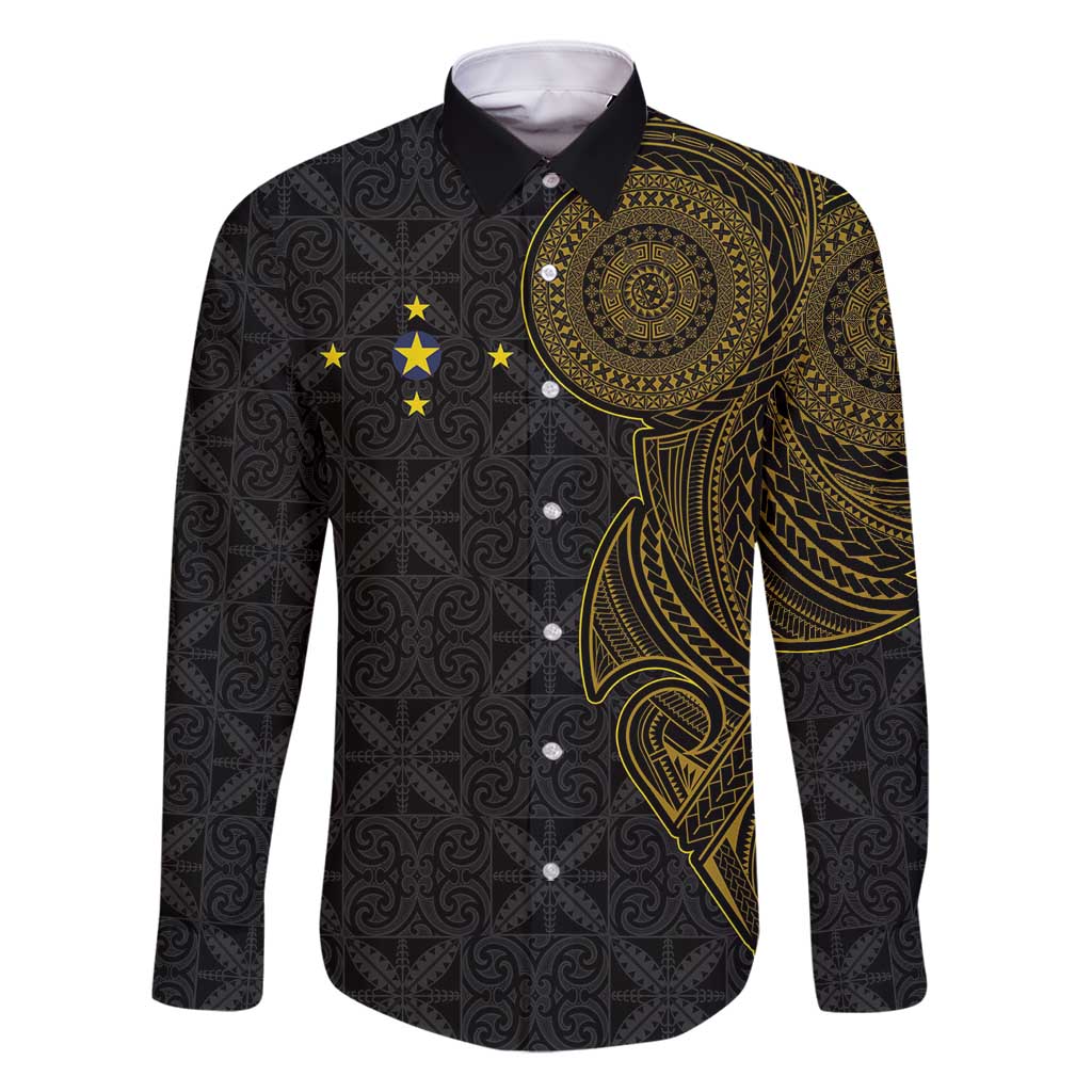 Niue Polynesian Hiapo Tattoo Art Family Matching Summer Maxi Dress and Hawaiian Shirt Half Style Black Gold Color LT03 Dad's Shirt - Long Sleeve Black - Polynesian Pride