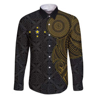 Niue Polynesian Hiapo Tattoo Art Family Matching Summer Maxi Dress and Hawaiian Shirt Half Style Black Gold Color LT03 Dad's Shirt - Long Sleeve Black - Polynesian Pride