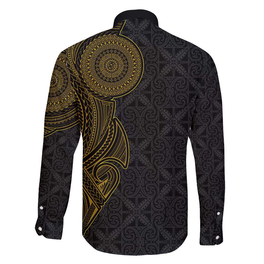 Niue Polynesian Hiapo Tattoo Art Family Matching Summer Maxi Dress and Hawaiian Shirt Half Style Black Gold Color LT03 - Polynesian Pride