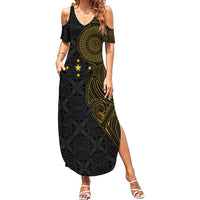 Niue Polynesian Hiapo Tattoo Art Family Matching Summer Maxi Dress and Hawaiian Shirt Half Style Black Gold Color LT03 Mom's Dress Black - Polynesian Pride